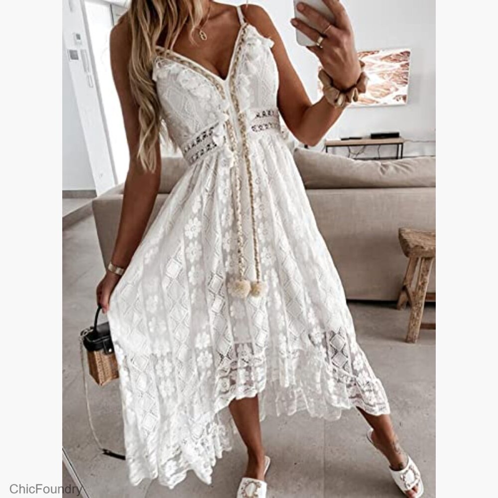 Sleeveless Lace Maxi Dress with Tassel Detail, Adjustable Straps, Smocked Back - Picture 3 of 7